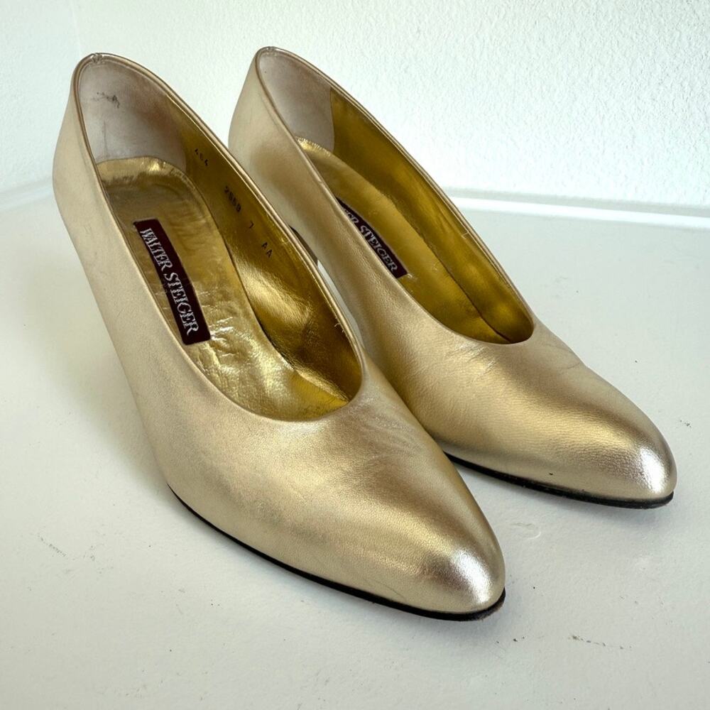 WALTER STEIGER Gold Pumps Metallic Leather Heels 7AA Vintage Classic Dressy‎
